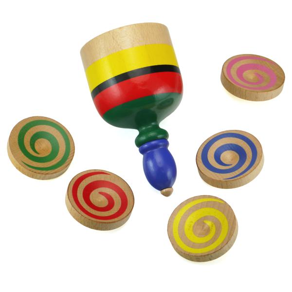 伝承玩具として長年愛用されてきた仕掛けこま 回すと中から5つのこまが出てくる 【五つ子独楽】