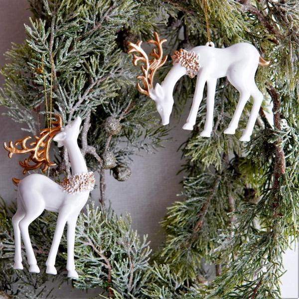 ホワイトトナカイ ゴールドホーン 置物 オーナメント ２個セット クリスマス 北欧インテリア リビン...