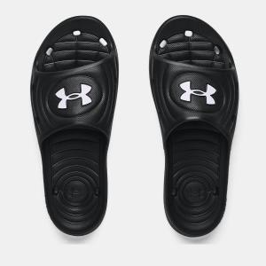 UNDER ARMOUR アンダーアーマー メンズ ロッカー IV スライド スポーツサンダル 3023758-001(ブラック/ブラック/ホワイト)｜sports-farm