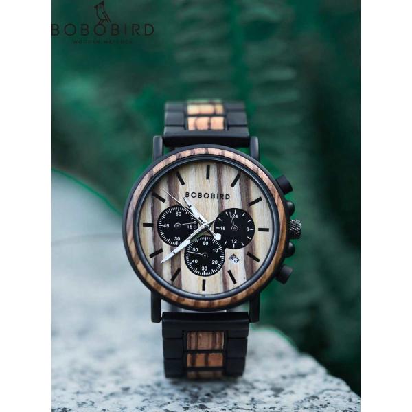 腕時計 メンズ クォーツ ボボバード木製腕時計メンズ高級スタイリッシュな木製時計クロノグラフ軍事クォ...