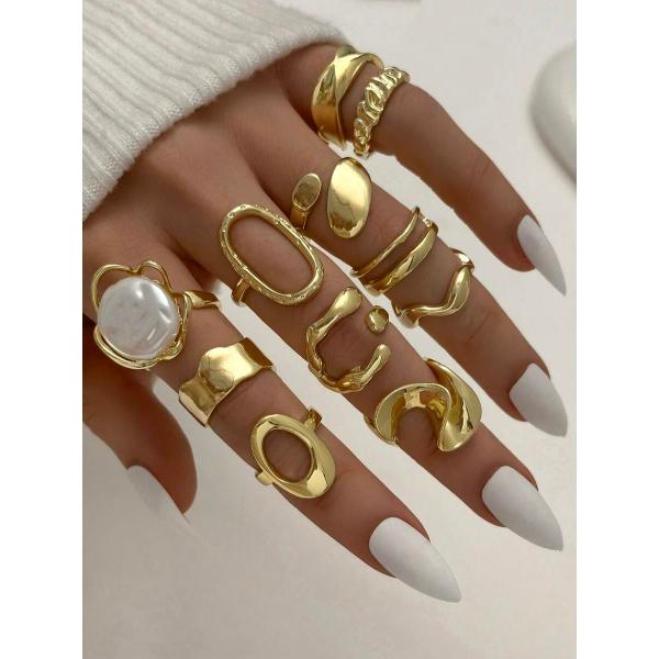 リング レディース セット 11個セット スタイル フェイクパールリングセット、ゴールド ホロウ ラ...