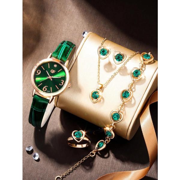 腕時計 レディース セット 女性用緑色ダイアルクォーツウォッチ 1個と緑色ジュエリーセット 5個、女...