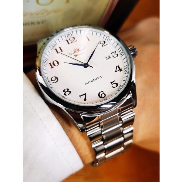 腕時計 メンズ 機械式 メンズクラシック腕時計 自動巻 針カレンダー機能 ホワイトダイヤル シルバー...