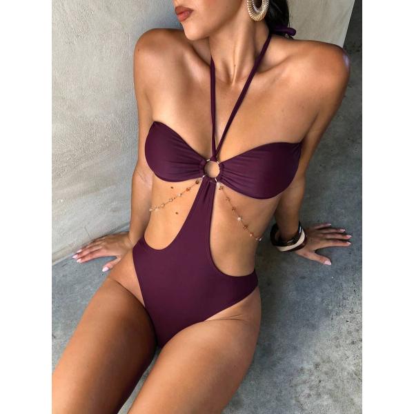 レディース 水着 ワンピース レディース新作 ファッション水着 ワンピース 無地 バーガンディ プラ...