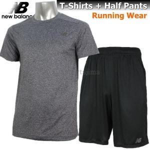 Tシャツ メンズ ニューバランス New Balance 上下セット ランニング 半袖 + ハーフ AMT53091 BKH MS63072 BK ヘザーブラック×ブラック｜sportsjima