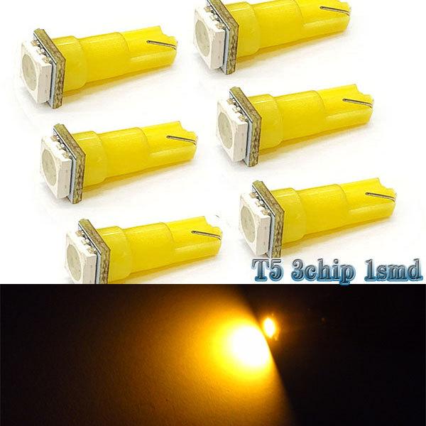 LEDバルブ T5 1smd ウェッジ球 6個セット 送料無料 イエロー