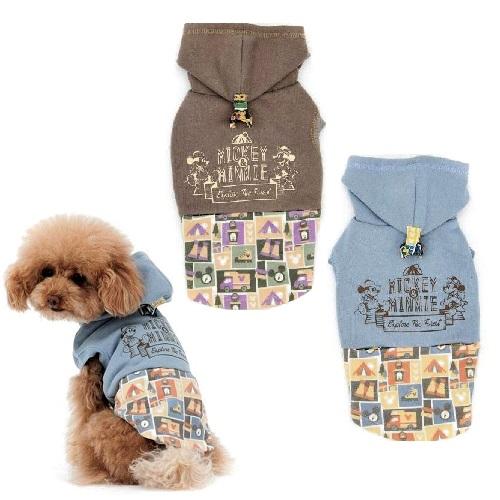 ディズニー ミッキー＆ミニー 切替パーカー S・M (M〜L) ブラウン・ブルー 犬服 超小型犬〜小...