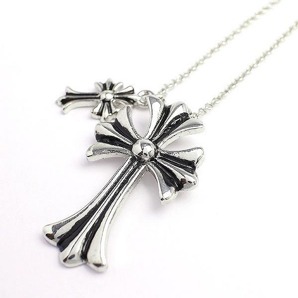 ダブルチャームがアクセント 十字架モチーフのメンズシルバーネックレス いぶし加工風 SPST017 ...