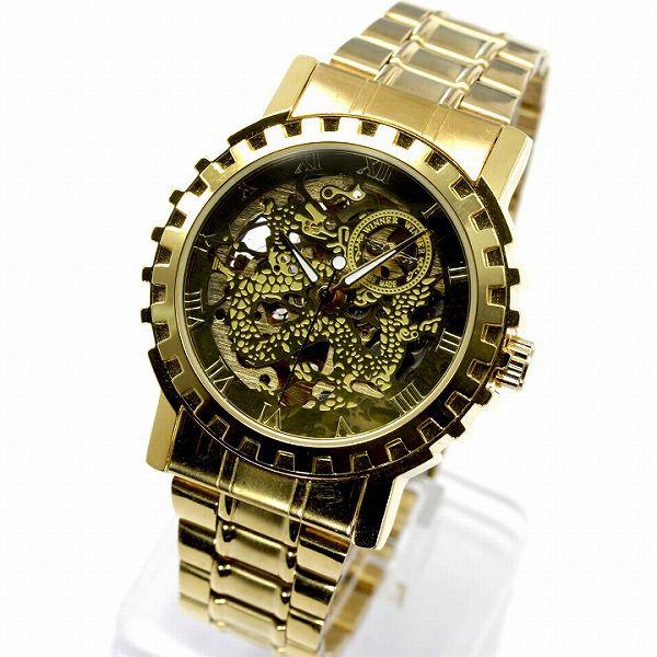 自動巻き腕時計 メンズ腕時計 フルスケルトン ゴールド メタルベルト 男性用 WINNER ウィナー...