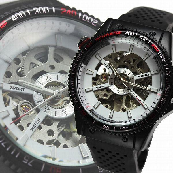 自動巻き腕時計 メンズ腕時計 フルスケルトン 回転式インナーベゼル ラバーベルト 男性用 WINNE...