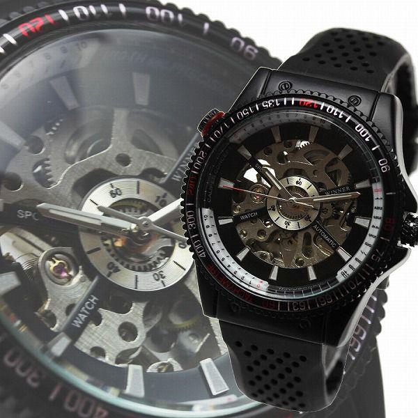 自動巻き腕時計 メンズ腕時計 フルスケルトン 回転式インナーベゼル ラバーベルト 男性用 WINNE...
