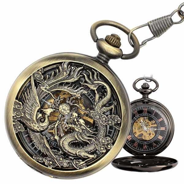 懐中時計 手巻き式 スケルトン メンズ アンティーク ポケットウォッチ 全2色 PWA003