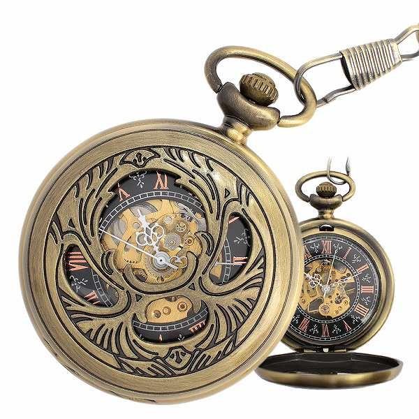 懐中時計 手巻き式 スケルトン メンズ アンティーク ポケットウォッチ PWA005