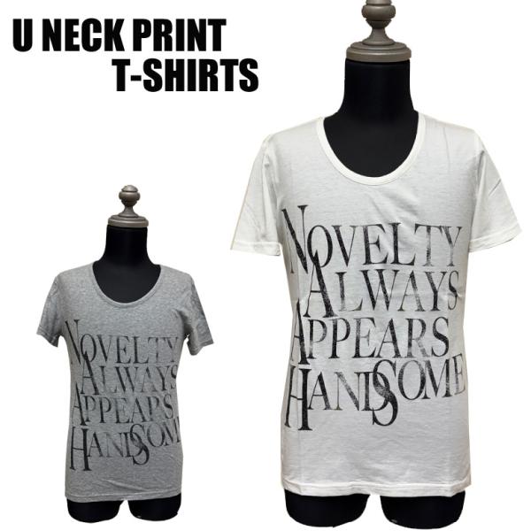 【閉店セール】ストレッチメッセージプリント Uネック 在庫一掃セール　ホワイト グレー Sサイズ 小...