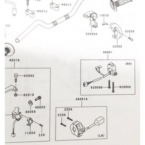 スーパーシェルパ(KL250G)　ハンドルスイッチ左　図中(46091A番)　46091-1690