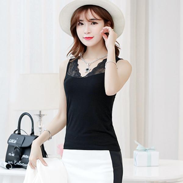 ちら見せ レース キャミソール タンクトップ インナー 無地 レディース とろみ【ブラックМ】