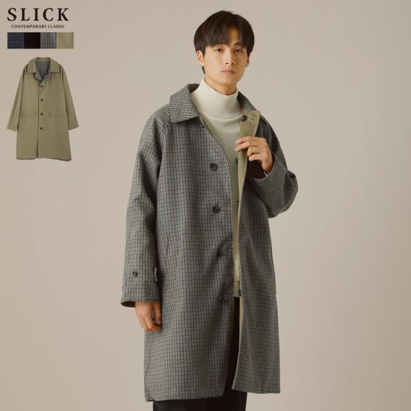 ステンカラーコート メンズ 冬 バルカラーコート ウール 100 チェック Aライン