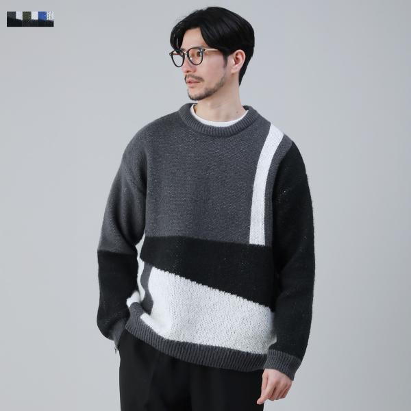 ニット メンズ 春物 冬 冬服 秋 秋服 パネル柄 切り替え 配色 ジャガード クルーネック 長袖 ...