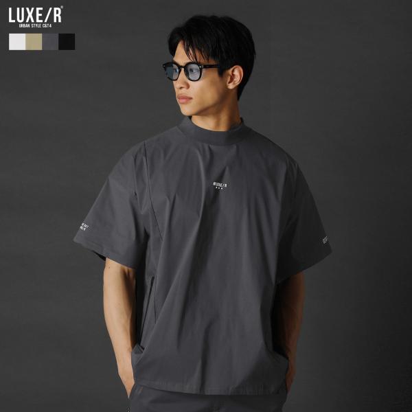 【セットアップ対応】 プルオーバー メンズ 春 夏 布帛 ジップ ハイネック ロゴ 半袖 ストレッチ...