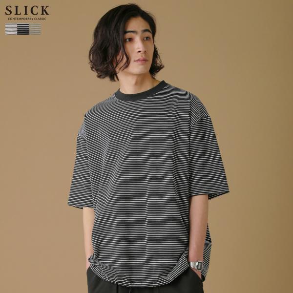 Tシャツ カットソー トップス メンズ 半袖 5分袖 春 夏 クルーネック マイクロボーダー ボーダ...