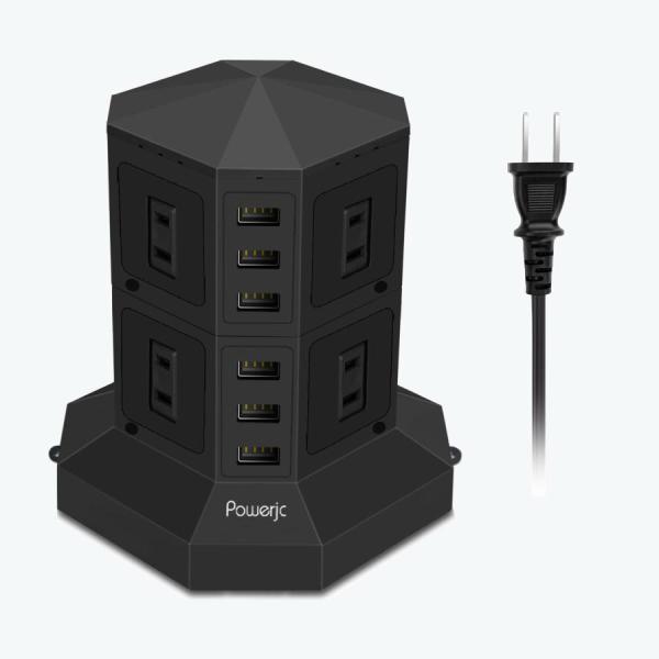 Powerjcタワー式電源タップ 2層縦コンセント 8AC充電口雷ガード 過負荷保護 省エネ 延長コ...