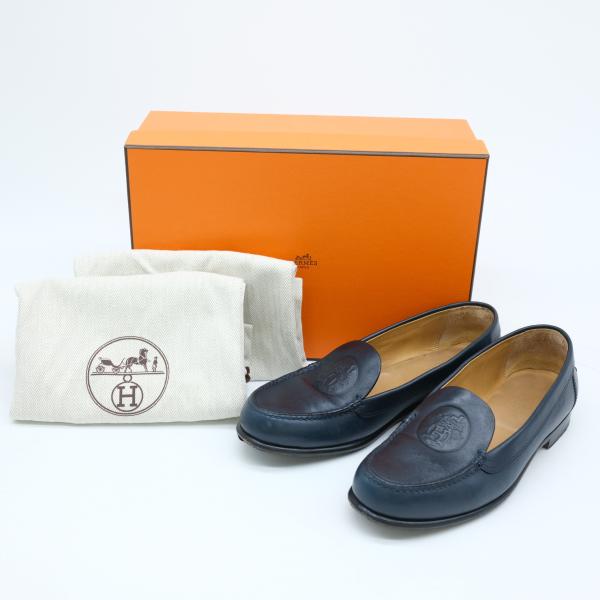 HERMES エルメス シューズ 靴 ローファー レザー ネイビー 紺 381/2 日本サイズ約25...