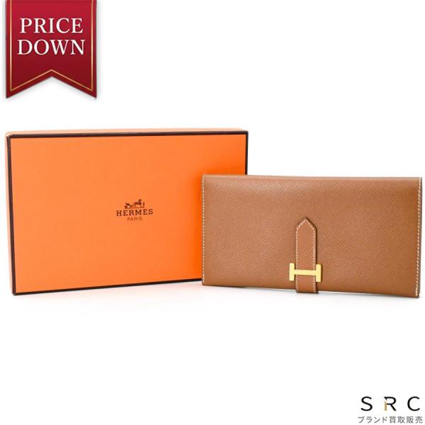 【美品】HERMES エルメス ベアン クラシック 長財布 レディース クシュベル ゴールド ブラウ...