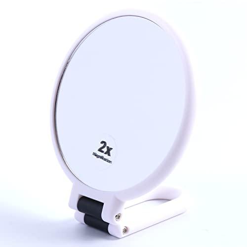 両面鏡 ( 手鏡 拡大鏡 ) 『拡大と等倍の両面ミラー！』折りたたみ可能 卓上ミラーとしても使用可能...