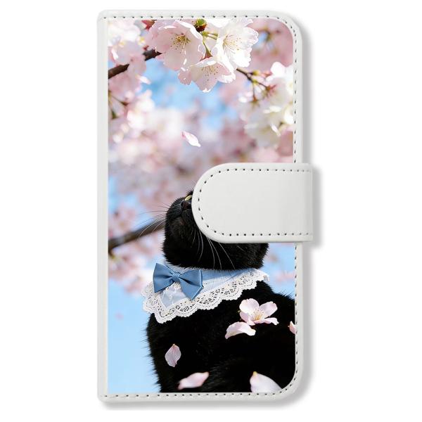 AQUOS zero5G basic DX SHG02 手帳型(ホワイトｘ桜と黒猫) 桜 猫 リボン...