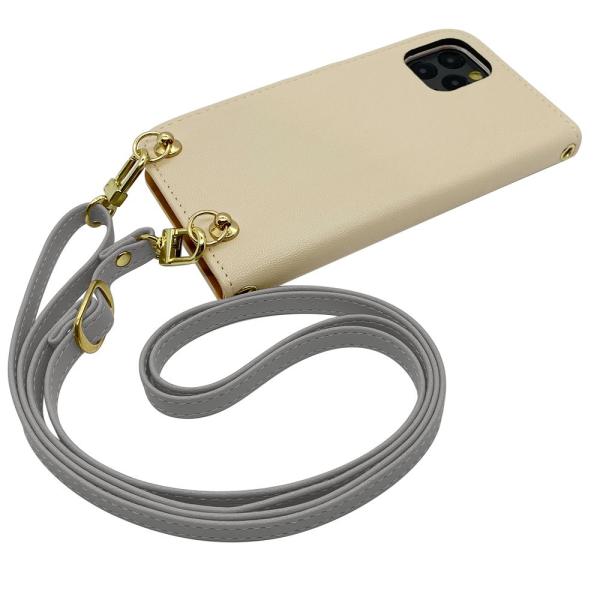 OPPO A55s 5G スマホショルダー（手帳クリーム×ストラップ:ライトグレー）カバー 手帳 く...