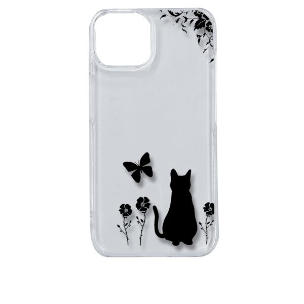 iPhone14 アイフォン14 クリア ハードケース 猫 ネコ 花柄 a026 ブラック スマホ ...