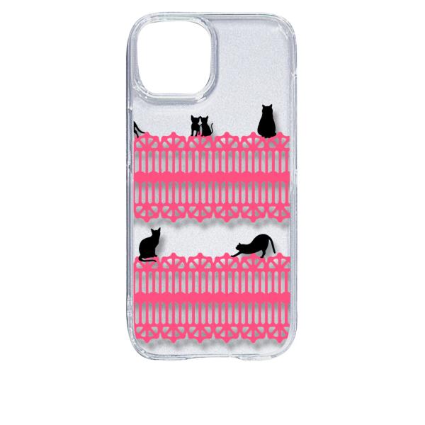 iPhone15 アイフォン15 クリア ハードケース 猫 ねこ ネコ おさんぽ 黒猫ピンクレース ...