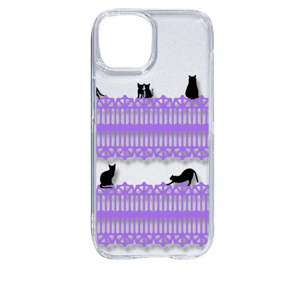 iPhone15 アイフォン15 クリア ハードケース 猫 ねこ ネコ おさんぽ 黒猫パープルレース...