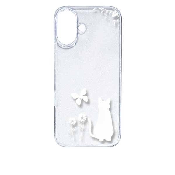 iPhone16 アイフォン16 クリア ハードケース 猫 ネコ 花柄 a026 ホワイト スマホ ...