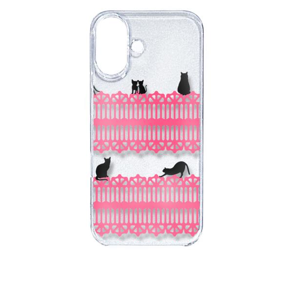 iPhone16 アイフォン16 クリア ハードケース 猫 ねこ ネコ おさんぽ 黒猫ピンクレース ...