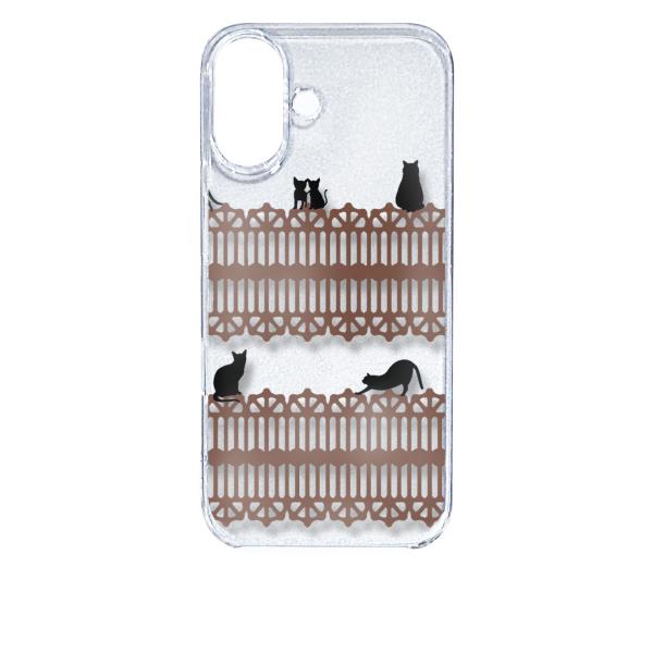 iPhone16 アイフォン16 クリア ハードケース 猫 ねこ ネコ おさんぽ 黒猫ブラウンレース...