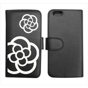 iPhone6plus 手帳型 ケース ブラック (カメリア) カバー 横開き カード収納 スタンド機能 ストラップ 付き レトロ 花柄