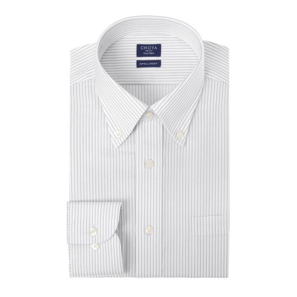 日清紡アポロコット 長袖 ワイシャツ メンズ 綿100％ 形態安定加工 グレー ストライプ ボタンダ...