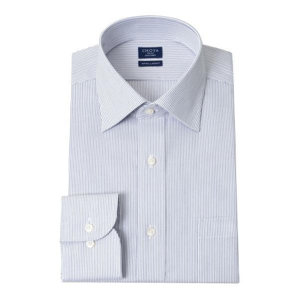 日清紡アポロコット 長袖 ワイシャツ メンズ 綿100％ 形態安定加工 ネイビー ストライプ セミワ...