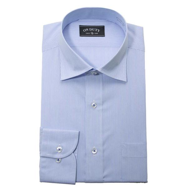 送料無料 ワイシャツ メンズ 長袖 形態安定 セミワイドカラー 青 ブルー ストライプ
