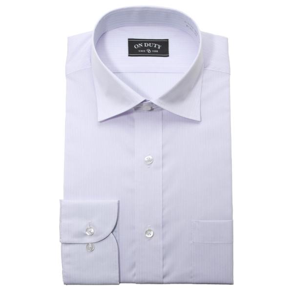 送料無料 ワイシャツ メンズ 長袖 形態安定 ボタンダウン 薄紫 ストライプ