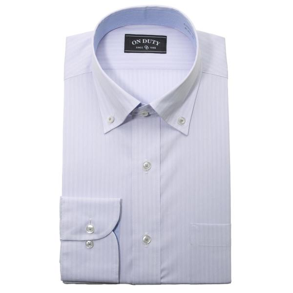 送料無料 ワイシャツ メンズ 長袖 形態安定 ボタンダウン 青みがかったグレー ストライプ