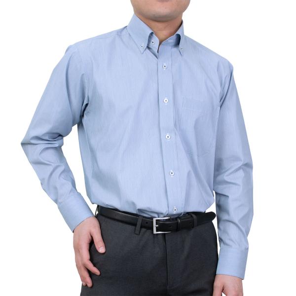送料無料 ワイシャツ メンズ 長袖 形態安定 ボタンダウン ネイビー ストライプ