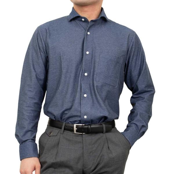 ビジカジ デニム調 長袖 ニットシャツ ネイビー 紺 ストレッチ アルティマ カジュアル オフィスカ...