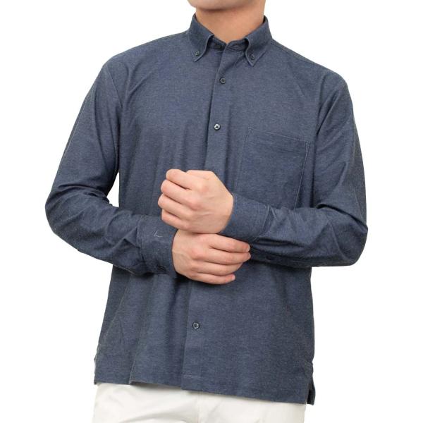 ビジカジ デニム調 長袖 タックアウト ニットシャツ ネイビー 紺 ストレッチ アルティマ オフィス...