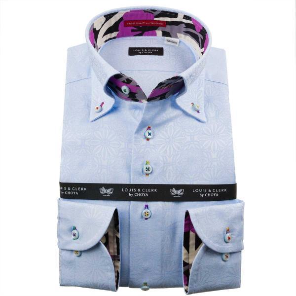 ワイシャツ 長袖 綿100％ワイシャツ ボタンダウン 水色 ジャガード織柄 フラワー＆リング パター...