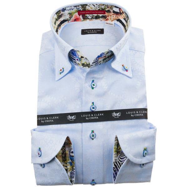 ワイシャツ 長袖 綿100％ワイシャツ ボタンダウン スカイブル ジャガードリボンドット