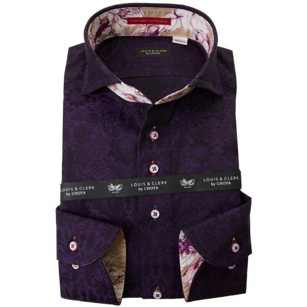 シャツ / メンズドレスシャツ 長袖綿１００％ドレスシャツ カッタウェイワイド 紫 ジャガードサンフ...