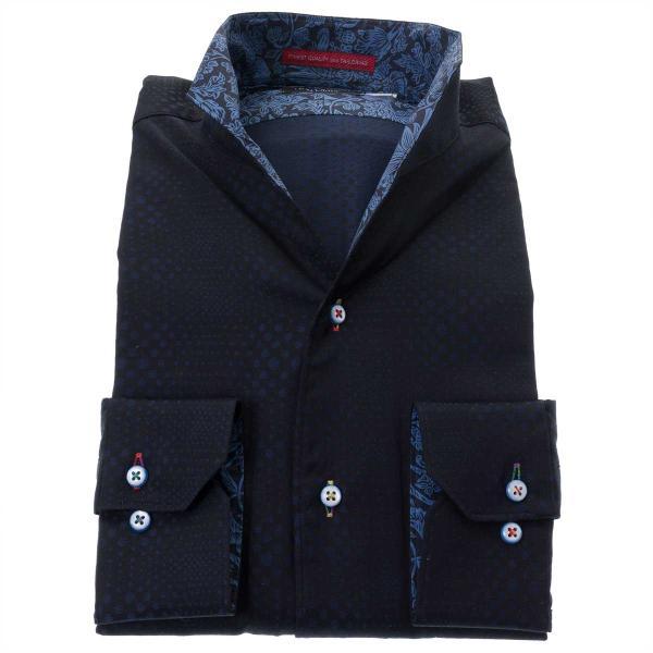 綿100%長袖ワイシャツ イタリアンススキッパースタンド コンフォート ジャガード ドット ネイビー