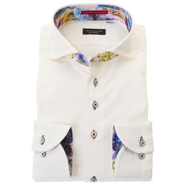 ワイシャツ ドレスシャツ 綿100% 長袖 コンフォート ボタンダウン ホワイト 刺繍 蔦葉花 アイ...